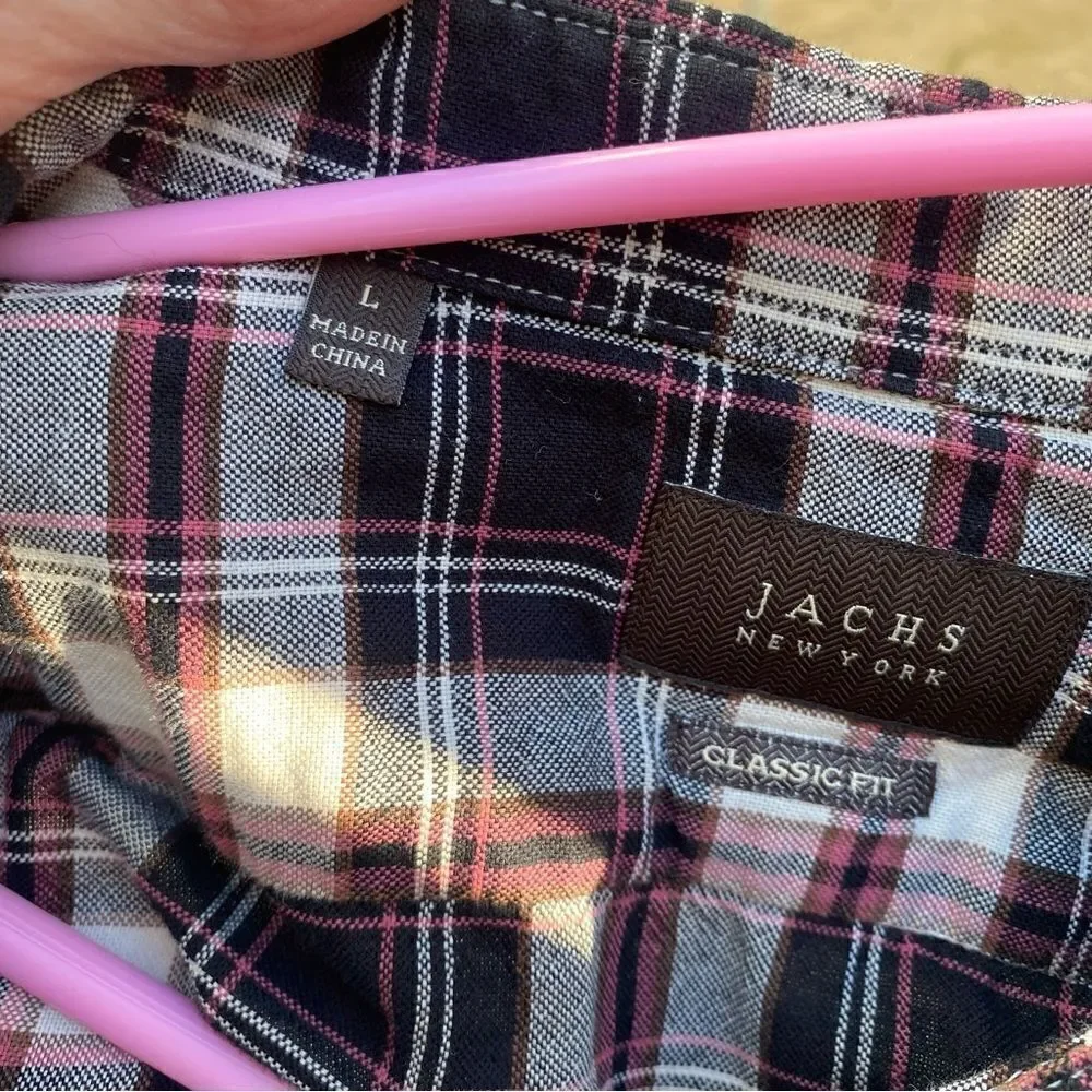 Jachs Men's Flannel Shirt Button Down Plaid Gray Burgundy White Size large